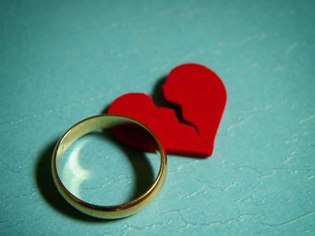 A wedding ring and broken heart representing divorce