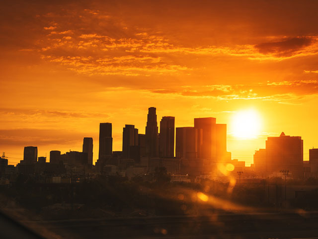 the Los Angeles downtown skyline at sunset