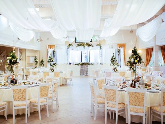 Interior of a wedding tent decoration ready for guests